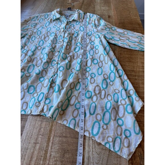Multiples Women's Turquoise Tan Button Down Tunic Shirt Long Sleeve Asymmetric M - Picture 10 of 11